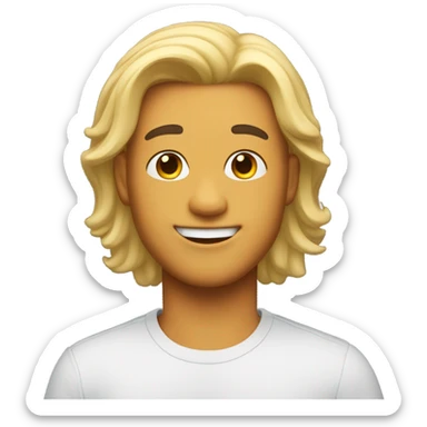 A whimsical digital portrait: a vibrant, expressive Animoji of a 22-year-old male with flowing, shoulder-length black hair style against a stark white background sticker