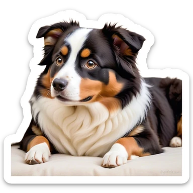 Cinematic Meme-Worthy Chubby Sleeping Tri-Color Australian Shepherd Portrait Emoji, Head resting peacefully with a contented smile, showcasing a delightfully chubby build and a luxuriously soft tri-color coat of bold black, crisp white, and warm tan, eyes shut in a serene nap, Simplified yet hilariously adorable features, highly detailed, glowing with a soft, drowsy light, high shine, relaxed and utterly lovable, stylized with an air of playful laziness, bright and heartwarming, soft glowing outline, capturing the essence of a comically sleepy Tri-Color Australian Shepherd, so meme-worthy it feels like it could instantly become the next viral sensation of adorable slumber! sticker