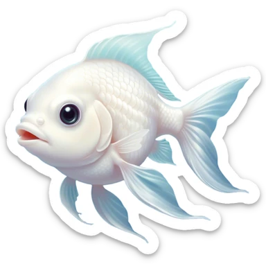 Cinematic Cute White Goldfish Portrait Emoji, Head tilted playfully and inquisitively, featuring a glossy, pure white body with delicate, shimmering scales and round, sparkling pale eyes filled with curiosity, Simplified yet irresistibly adorable features, highly detailed, glowing with a warm, friendly glow, high shine, affectionate and lively, stylized with a touch of whimsy, bright and endearing, soft glowing outline, capturing the essence of a mischievous yet loving goldfish, so playful it feels like it could swim out of the screen and into your heart! sticker
