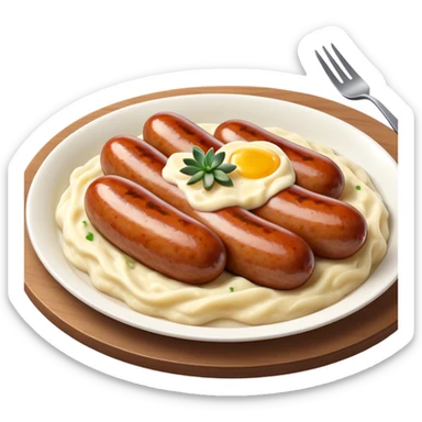 Cinematic Realistic Bangers and Mash Dish Emoji, featuring succulent pork sausages paired with creamy mashed potatoes rendered with detailed textures and natural highlights that emphasize its robust, hearty flavor. sticker