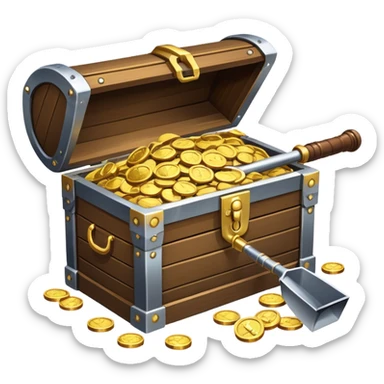 An icon featuring a treasure chest partially open, revealing gold coins and jewels. A metal detector and a shovel are nearby, symbolizing the excitement of treasure hunting. The design evokes adventure, exploration, and the thrill of discovering hidden treasures. transparent background. sticker