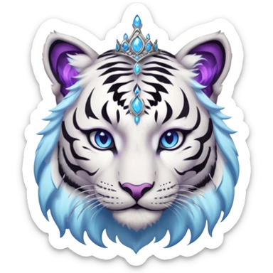 ESO Female white/black tiger khajiit leader of the umbral rose, glowing blue eyes, glowing blue 'third eye' gem; purple gemmed silver tiara sticker
