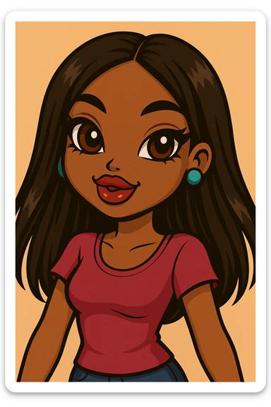 Change her expression to happy, headshot only, 20-year-old anime Bratz style woman with dark skin, straight hair, more casual outfit, big expressive eyes, glossy lips, no hat, no tears, looking straight ahead. The style should reflect anime Bratz aesthetics with vibrant colors and expressive features. sticker