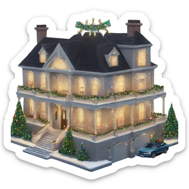 very large mansion overly decorated with lots of fancy Christmas lights and lots of Fancy christmas decorations sticker