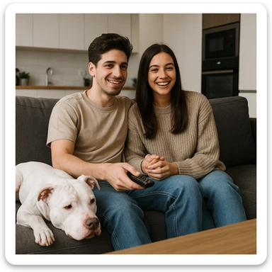 boyfriend and girlfriend on a couch, watching TV, white pitbull lying beside them, modern home setting sticker