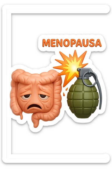 EMOJI STILE IPHONE 3D DI INTESTINO ANZIANO CON RUGHE SFINITO CON ESPRESSIONE STANCA, ACCANTO A LUI SCOPPIA UNA GRANATA 3D CON LA SCRITTA "MENOPAUSA" SOPRA sticker