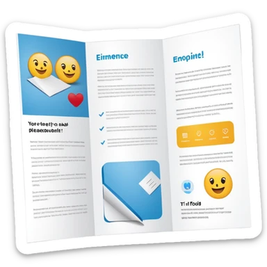 tri-fold brochure opened, with simple layout lines and image placeholders. sticker