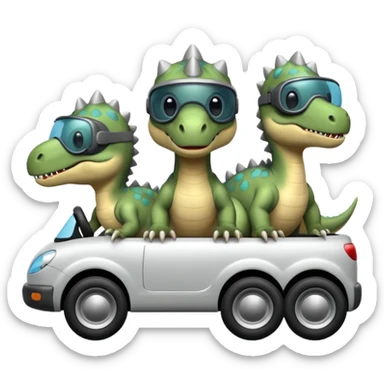 Tres dinosaurios bebés grises subidos en un carro tecnológico blanco con lentes de realidad virtual sticker