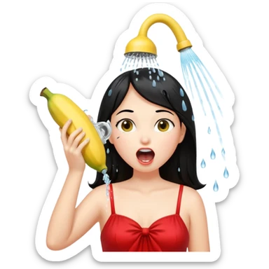 a girl with black hair and red dress with opened mouth drinking pale yellow water coming out from a shower looking like a banana above her head sticker