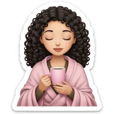 woman with medium sand tone, black long 3b curls, closed eyes, feminine face, holding soft pink coffee cup with beige blanket over shoulders sticker
