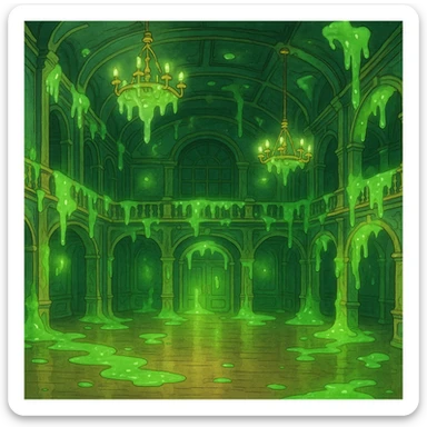 a ghibli-inspired dance hall with a whimsical, slimy atmosphere and glowing green ooze sticker