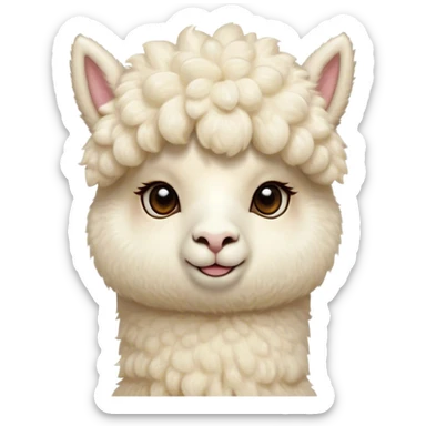 Cinematic Cute Cream Alpaca Portrait Emoji, Head tilted playfully and inquisitively, featuring a fluffy, cream fleece with a natural sheen, round, sparkling gentle eyes filled with curiosity, Simplified yet irresistibly adorable features, highly detailed, glowing with a warm, friendly glow, high shine, affectionate and gentle, stylized with a touch of whimsy, bright and endearing, soft glowing outline, capturing the essence of a mischievous yet loving alpaca, so playful it feels like it could prance out of the screen and into your arms! sticker