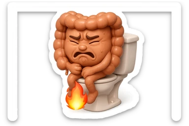 SU QUESTO STILE FAI UN EMOJI STILE IPHONE 3D DI UN INTESTINO CHE sta seduto sul wc e dal wc in mezzo alle sue gambe esce una fiamma stile emoji iphone, FAGLI UN ESPRESSIONE di dolore mentre si sforza E FALLO MOLTO REALISTICO IN 3D sticker