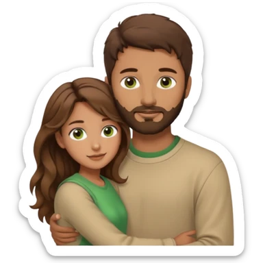 a man with short brown hair and brown beard with brown eyes and a girl with long brown wavy hair with green eyes, togheter. Beige clothes, hugged each other sticker