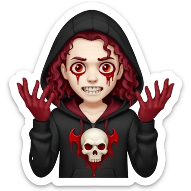 Vampire wearing a black hoodie with a skull logo on it, long curly hair that covers the forehead, fanged teeth and blood on hands sticker