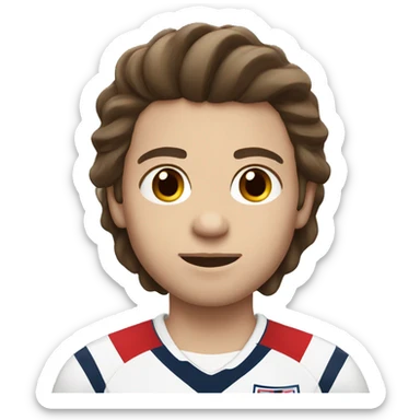 A white person with a England football jersey on dark brown neat hair who is a boy sticker