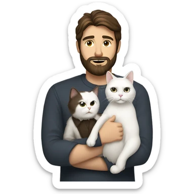 A whit man with dark brown hair and beard holding white cat sticker