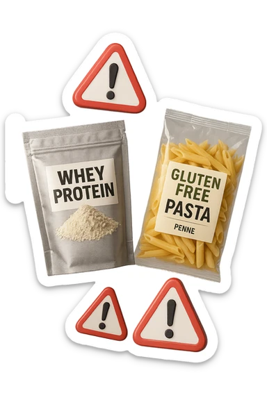 SU QUESTO STILE FAI UN EMOJI STILE IPHONE 3D DI UN pacco di whey protein e un pacco di pasta senza glutine che fluttuano in aria insieme a segnali di pericolo in 3d, FALLO MOLTO REALISTICO IN 3D sticker