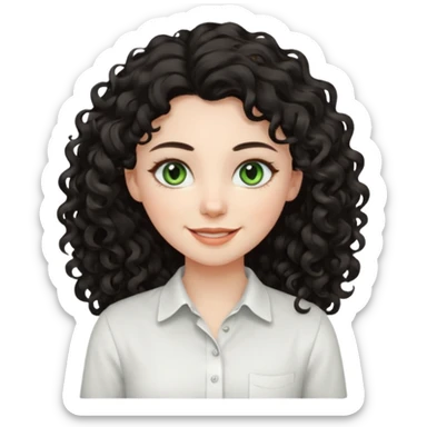 girl with thick dark black wavy curly hair almond green eyes pale skin smiling wearing white shirt sticker