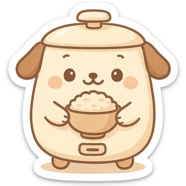 kawaii rice cooker with dog features, round belly, holding a rice bowl, soft cream and brown tones, full-body sticker