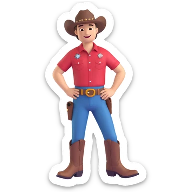 smiling cowboy in Jurassic Park shirt with visible logo, hands on hips, classic western boots sticker