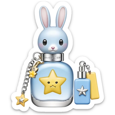 Create an emoji of a clear perfume bottle labeled ‘Perfect Marc Jacobs’ with a silver cap topped with fun charms: a silver star, white bow, yellow ring, blue rabbit, and domino tile. Soft pastel colors, cute and playful style sticker
