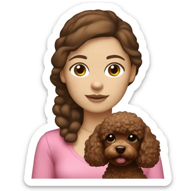 Create a girl with brown hair and white skin with en brown toy poodle  sticker