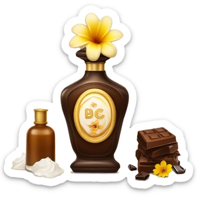 An antique perfume bottle with oil made of bronze and brown crystals, coconut cream and coffee milk flow, chocolate, yellow flowers of fragrant vanilla lie next to it sticker