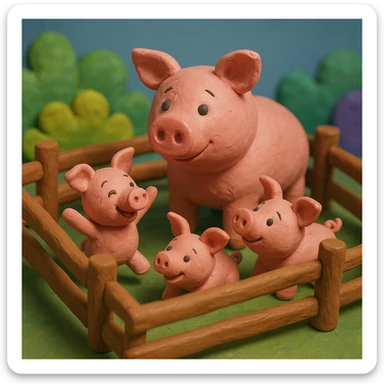 claymation style pig family in a wooden pen, piglets playing, colorful and cheerful sticker