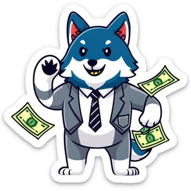 Wolf in football jersey and business tie throwing cash, stock market charts background sticker