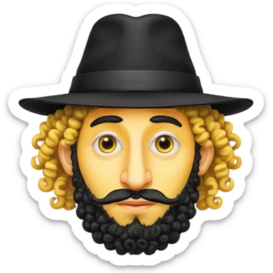 Head of an orthodox Jewish man with yellow skin, a huge nose and curly hair with a black Orthodox Jew hat sticker