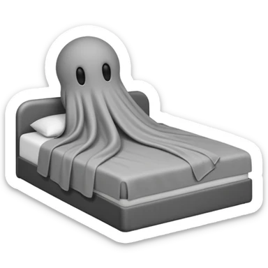 Minimalist emoji-style sticker of a bed with a covered figure and something strange peeking out from underneath. Grayscale only, simple icon.

 sticker