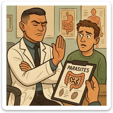 Create a semi-realistic or expressive style image of a male doctor inspired by the reference image. The doctor wears a white coat and is dismissively waving his hand or turning away from a medical report or patient chart showing intestinal parasites. He has a closed or indifferent expression symbolizing denial or negligence. Nearby, a patient looks confused or concerned. The setting is a clinical or doctor's office with diagnostic charts or anatomical posters visible. The tone is slightly critical or ironic, highlighting refusal to acknowledge hidden health issues. sticker