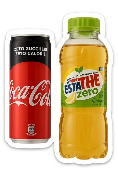 lattina di coca cola zero fluttua accanto a bottiglia di esta-thè zero, iperrealistiche 4k sticker