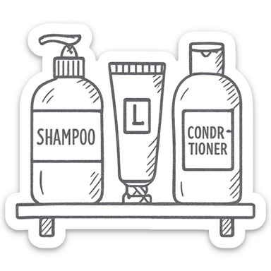 Shampoo bottle, color tube, and conditioner standing on a shelf, products are luxury brand-labeled sticker