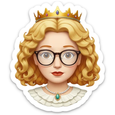 create an emoji of a queen, with glasses,  white skin, wavy hair in a tone somewhere in between blond and ginger sticker
