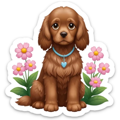 Full body shot of a brown cocker spaniel sitting with flowers sticker