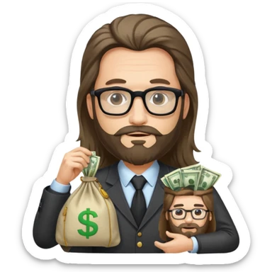 Un emprendedor (emoji con ordenador) de unos 50 años con barba y pelo largo más gafas de pasta y con un icono de ordenador y una bolsa de dinero sticker