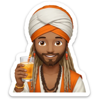 Brownskin man with long dreadlocks add a white turban on his head orange shirt drinking alcohol sticker