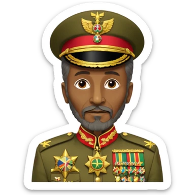 Create an emoji of an Older Haile Selassie African king wearing his ceremonial military uniform adorned with numerous medals, orders, and a sash. sticker