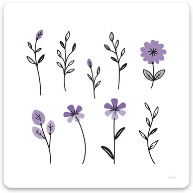 Lilac flowers with branches and leaves in pastel colors (dd9fb0, ffc6d3, a3bfc9, c4bee2, f1b091), hand-drawn doodle style sticker