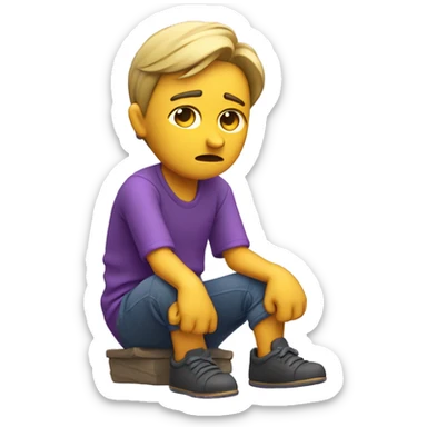 A sad 3D character sitting with slouched shoulders, looking down, and frowning. Teardrops on the face, hands resting in their lap, with a purple color theme enhancing the melancholic mood sticker