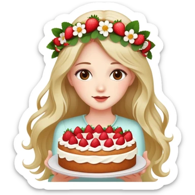 A beautiful girl with long hair and a wreath holding a strawberry cake sticker