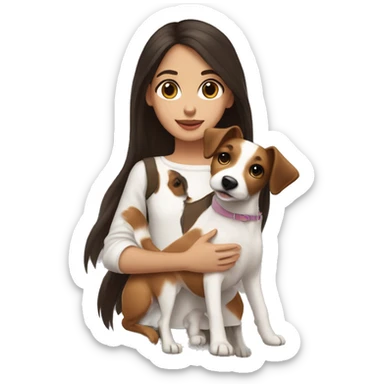 Girl with long dark brown hair and big hazel eyes with long eyelashes holding a jack russell terrier  sticker
