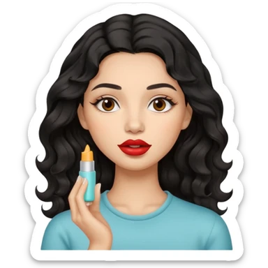 A gorgeous with black wavy hair women applying lipbalm on her brown lips sticker