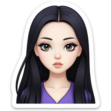 straight black long hair, korean pale skin skin, black iris, pretty bratz baddie, black eyeliner sticker