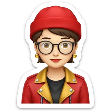 nam 20 tuổi, da vàng, tóc ngắn màu nâu, đội mũ màu đỏ, đeo kính màu đen, đeo khuyên tai màu vàng khoác áo da màu đỏ, nụ cười nhếch mép sticker