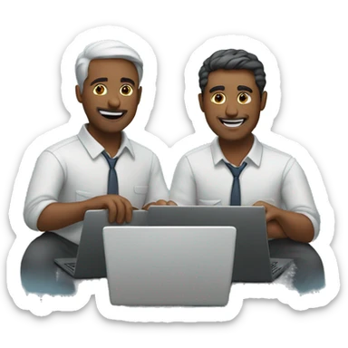 two men working on a laptop together sticker