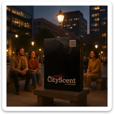 Place this exact CityScent air freshener machine in a city plaza at dusk, surrounded by softly glowing streetlights and modern buildings. Show a few people relaxing around the machine, looking happy and comfortable, enjoying the scent. The style should be photorealistic, realistic and inviting. sticker