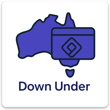 Add the wording 'Down Under' in a clean, modern font below the map of Australia with the official Microsoft Power Pages icon overlay. Use #403DAD as the main color, no digital web overlay sticker